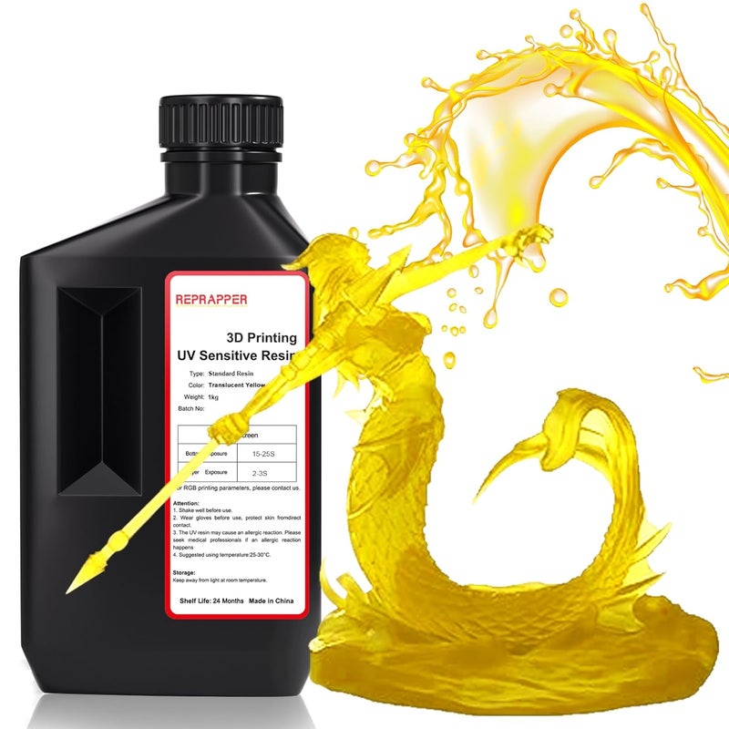RepRapper Store Translucent Yellow 3D Printer Resin, 405nm Fast UV-Curing 1kg Transparent Yellow Standard Resin, 3D Printing Resin Photopolymer Sensitive Resin for LCD Printer, Clear Yellow 1000g - Image 1